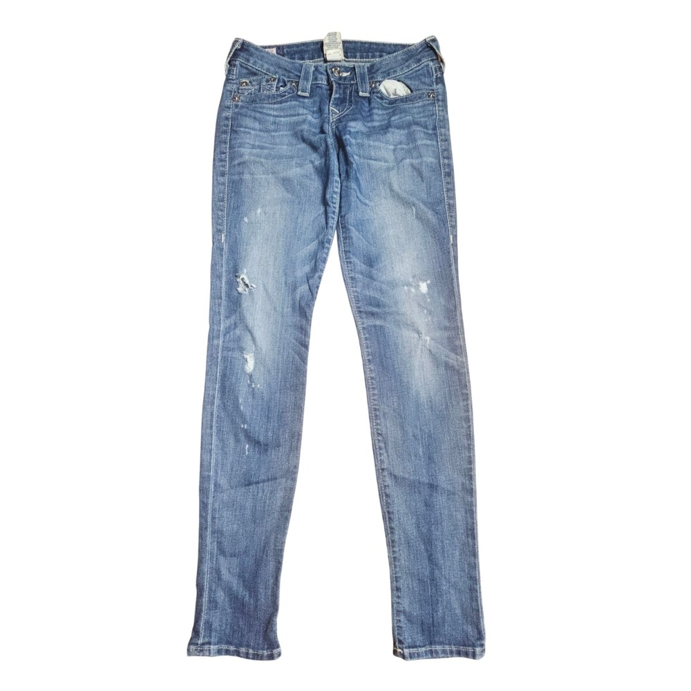 True‎ Religion Stella Skinny Jeans 26x32 Low Rise Distressed Medium Wash Y2K